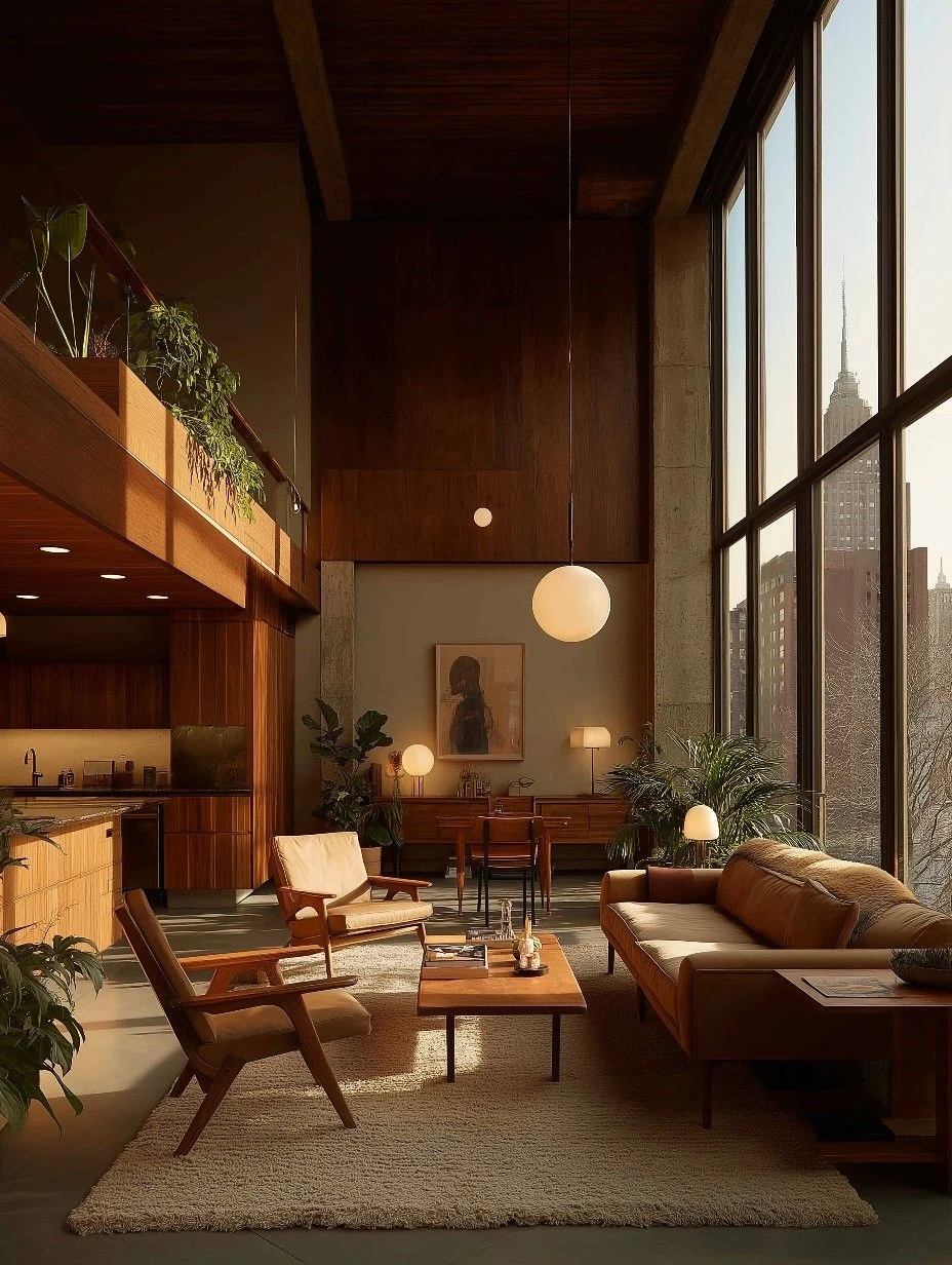 Glowing globe lights hang in a double-height wood interior with large windows and low seating.