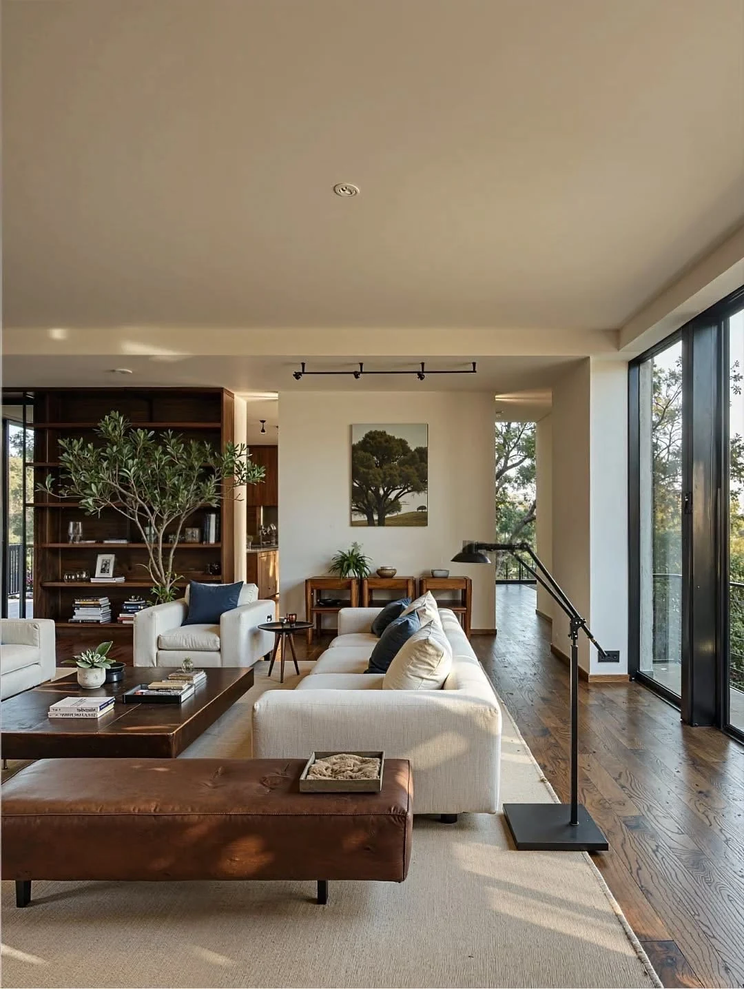 An ivory sofa and leather bench beside a dark bookcase, indoor plants and full-height windows.