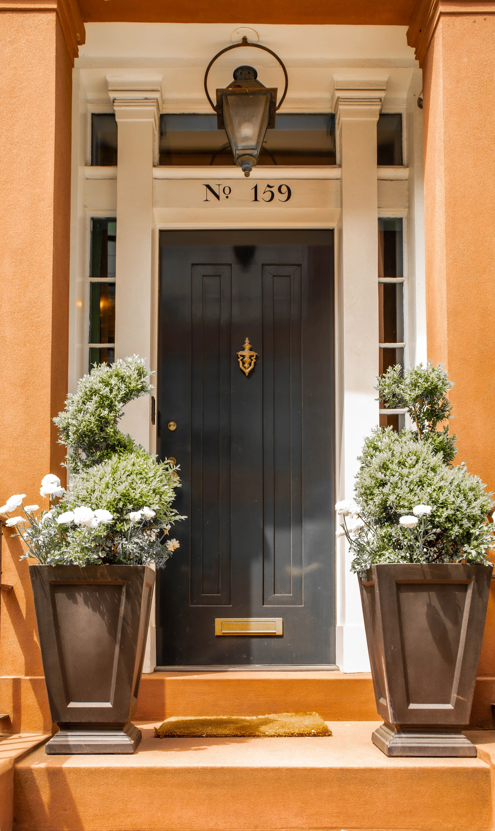 A sunlit dark entrance door with a brass knocker and hanging lantern, framed by warm walls, pale trim and two planters with spiraling greenery and white flowers.